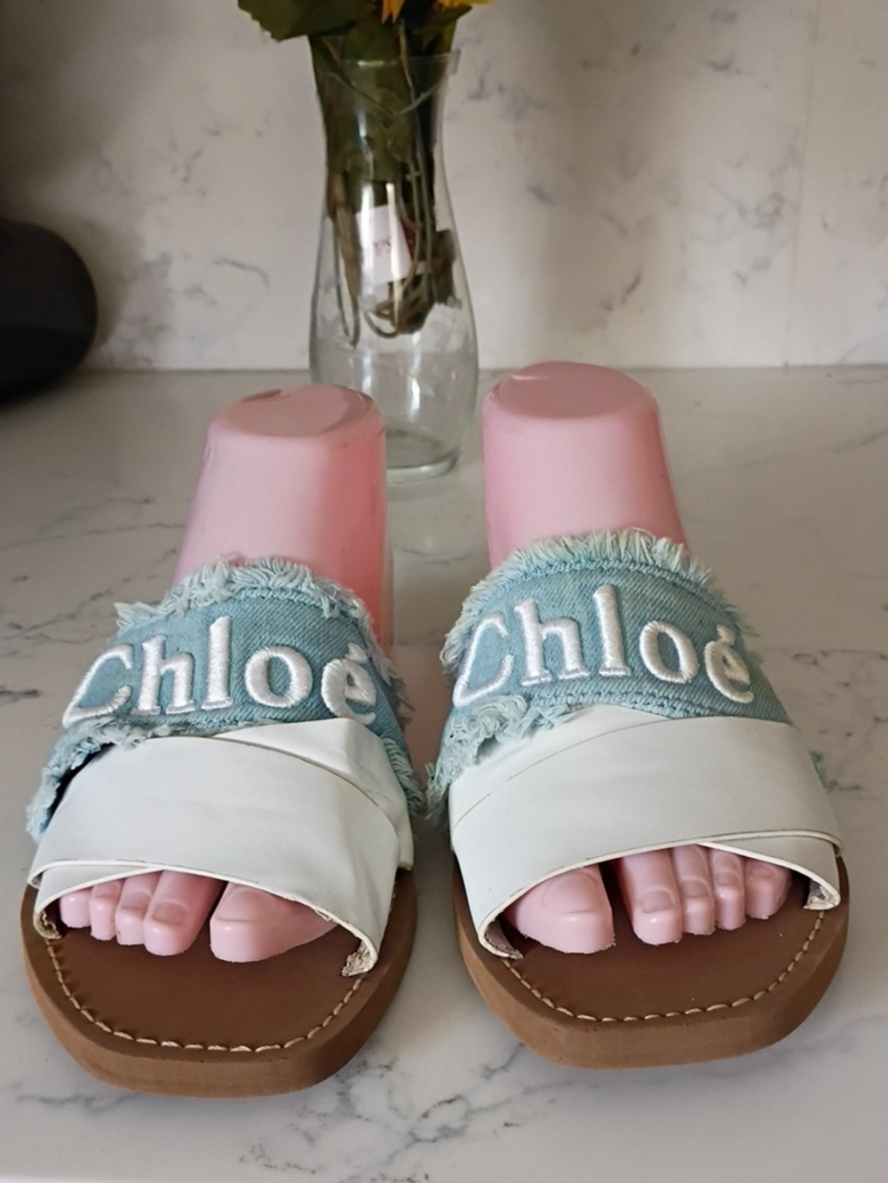 Chloe' Light Blue Denim & White Slide Sandals